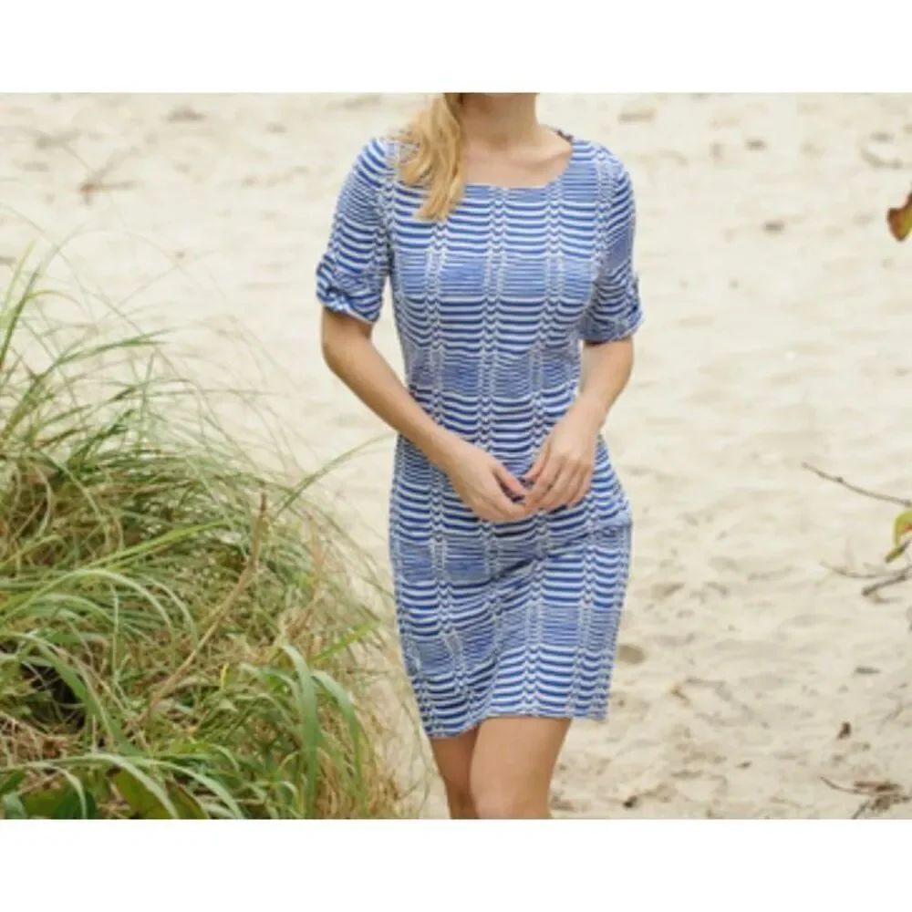 Ellie Kai blue and white waves boatneck sheath dress 4
